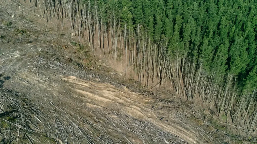 Vista aérea de área desmatada ao lado de floresta preservada em propriedade rural